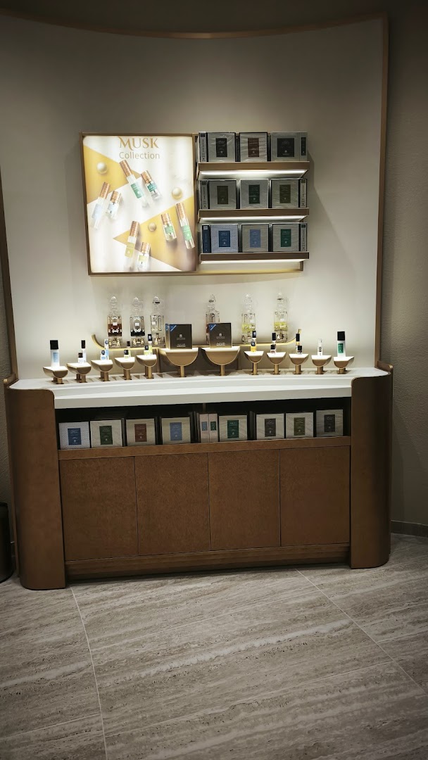 A display of various perfumes and fragrance products from Abdul Samad Al Qurashi.