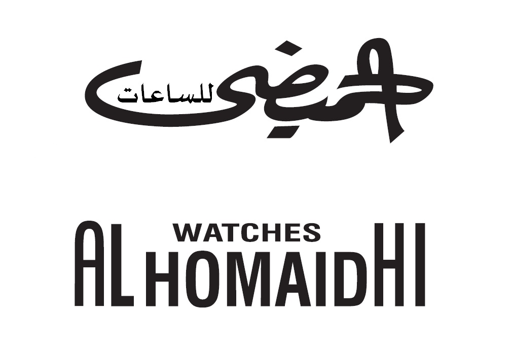 The Alhomaidhi Watches logo features Arabic calligraphy and the brand name in English.