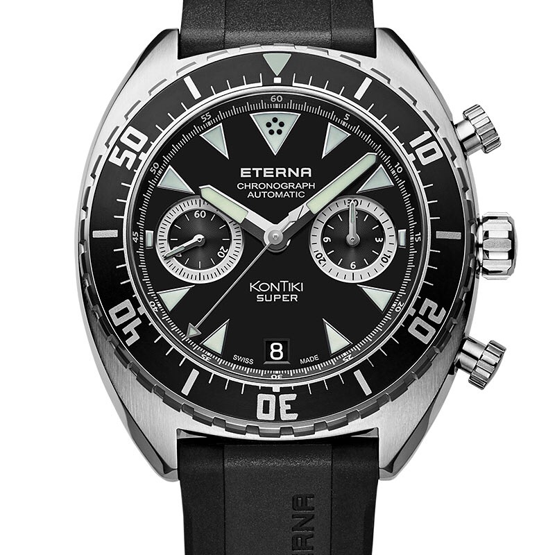 Close-up of a black Eterna Kontiki Super automatic chronograph watch with a rubber strap.