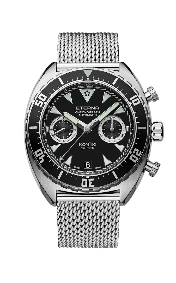 A close-up shot of an Eterna Kontiki Super automatic chronograph watch with a black dial and mesh strap.