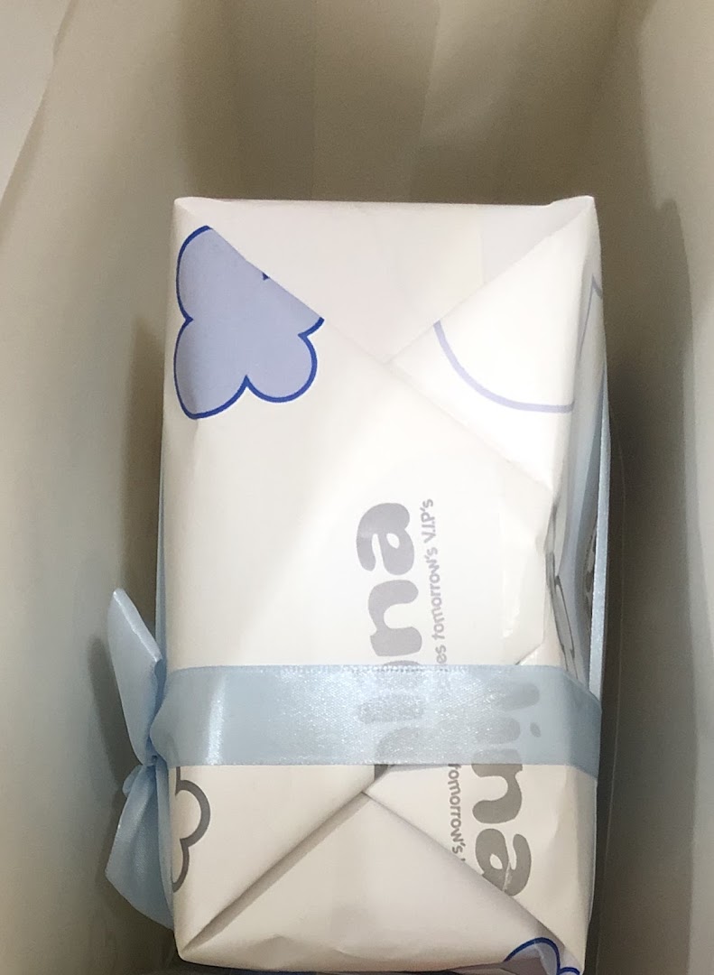 A gift-wrapped package with blue ribbon and cloud motifs, featuring the brand name 'Alina'.
