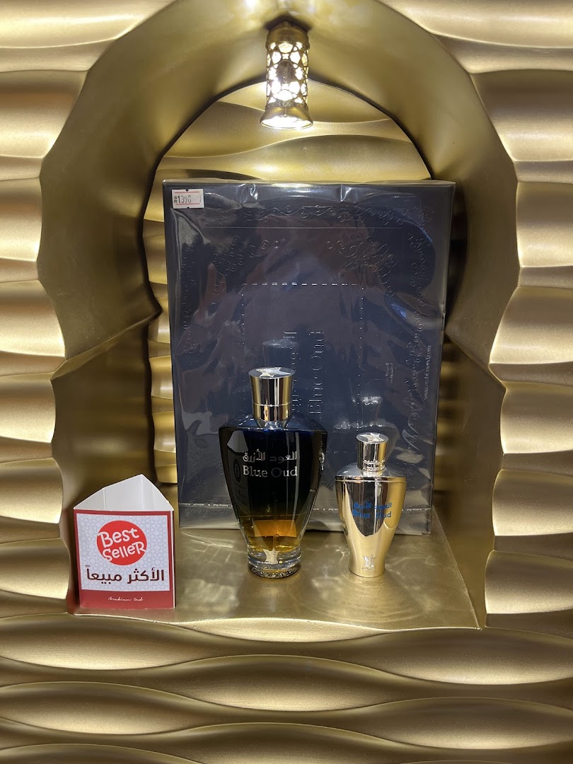 Two bottles of Arabian Oud Blue Oud perfume displayed with a 'Best Seller' sign.