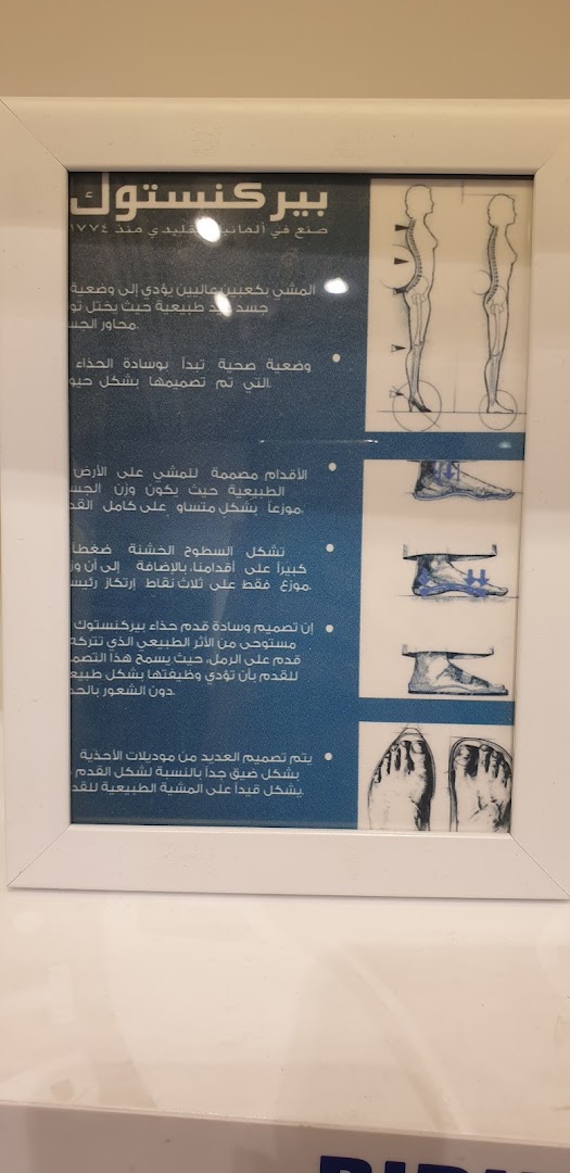 A framed informational poster about Birkenstock shoes and their ergonomic design.