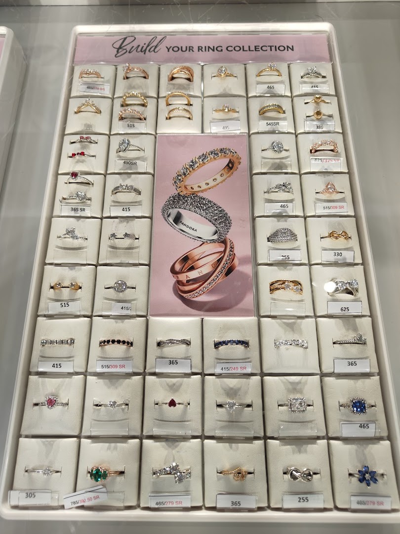 A display of various Pandora rings, showcasing different styles and prices.