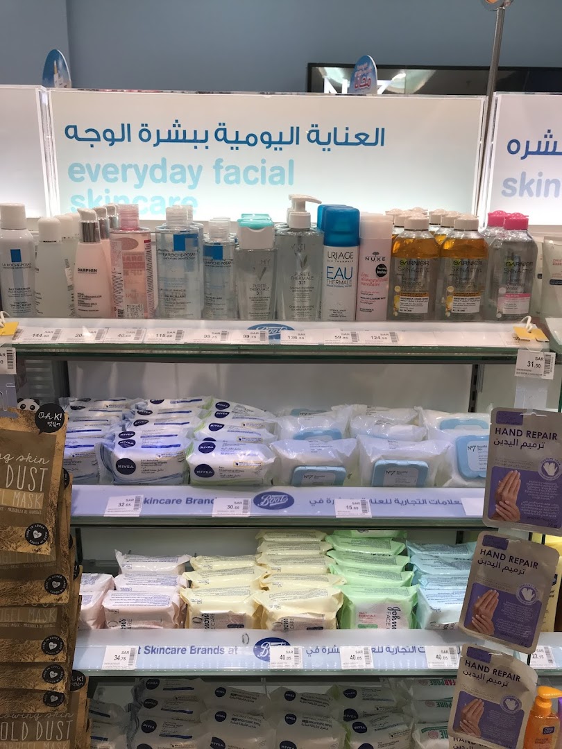 Shelves stocked with various facial skincare products and cleansing wipes.
