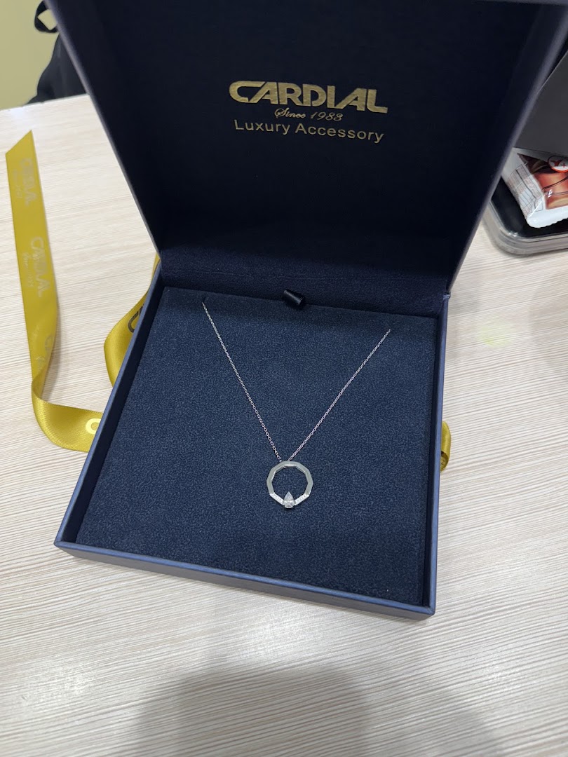 A silver necklace with a geometric pendant in a luxury jewelry box.