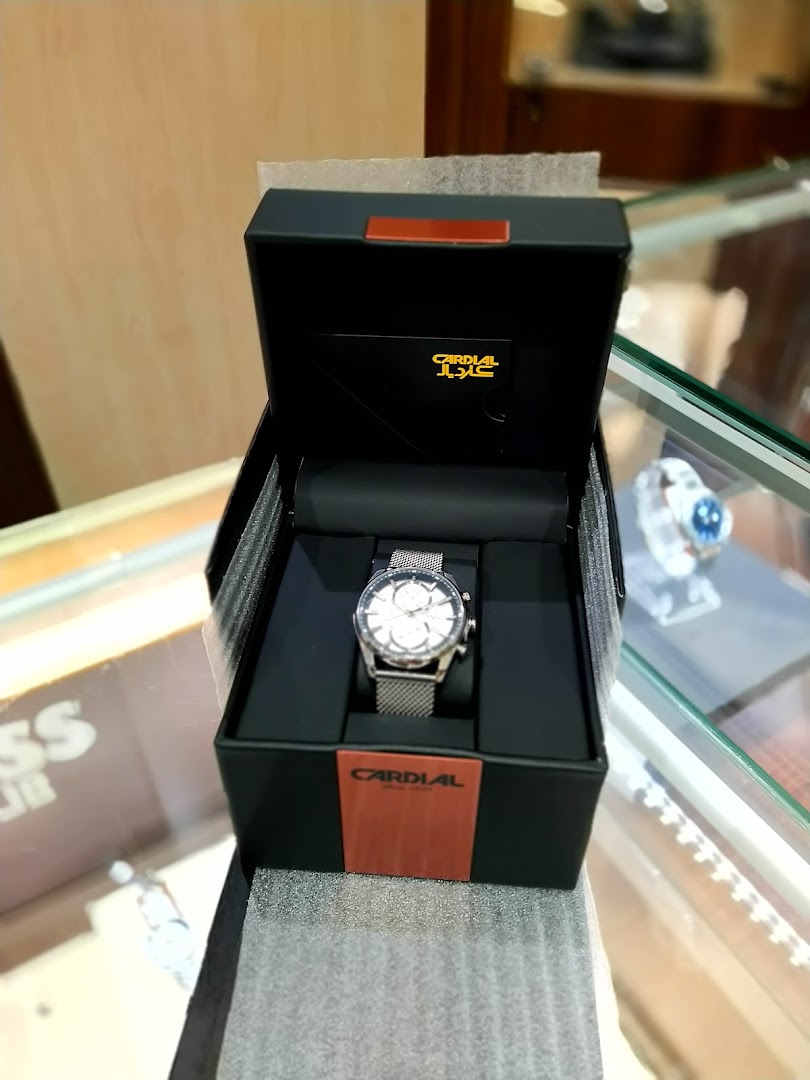 A Cardial watch displayed in its black packaging with the brand logo visible.
