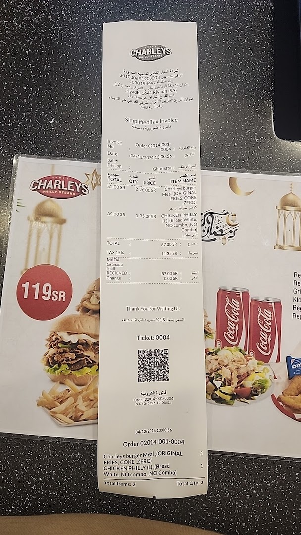 Menu page for Charleys Cheesesteaks