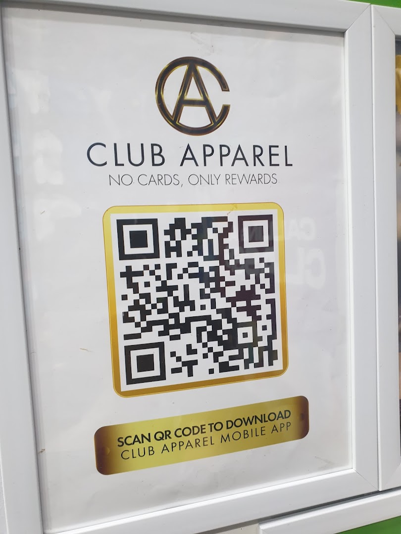 A sign for Club Apparel with a QR code to download their mobile app.