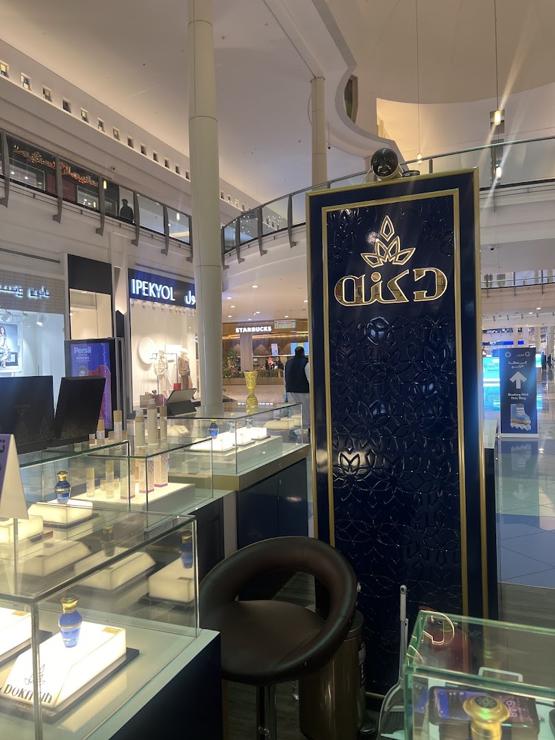 A retail display of perfumes and fragrances in a modern shopping mall.