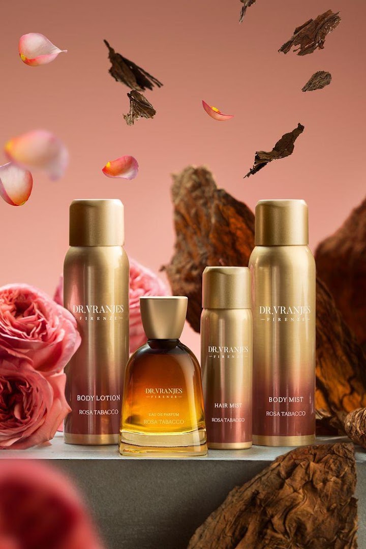 Dr. Vranjes Firenze collection featuring body lotion, hair mist, body mist, and eau de parfum in Rosa Tabacco scent.