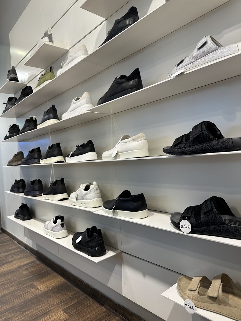 A well-organized display of various ECCO shoes on white shelves, showcasing different styles and colors.