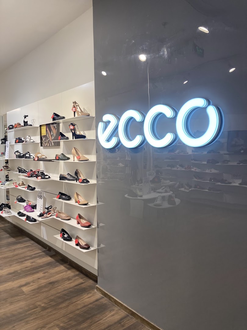 Interior view of an ECCO shoe store showcasing a variety of stylish footwear on display shelves.