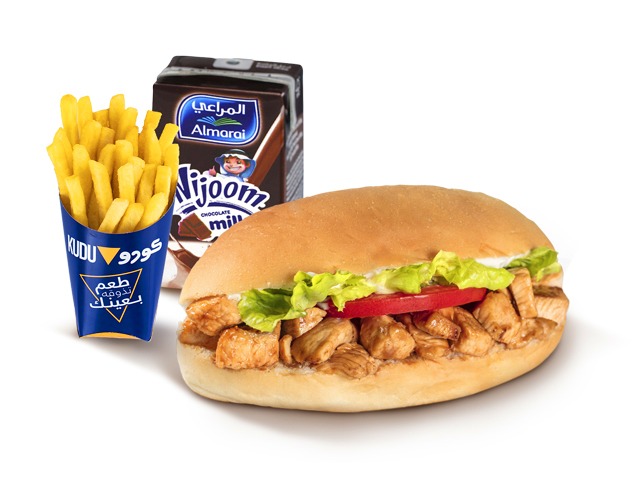 A Kudu meal featuring a chicken sandwich, fries, and chocolate milk.
