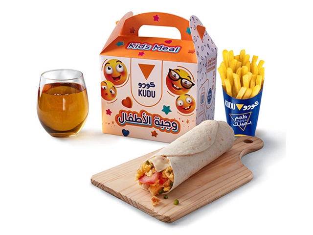 A Kudu kids meal featuring a wrap, fries, and a drink with a fun kids meal box.