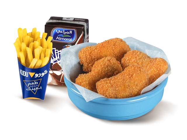 A meal featuring crispy chicken tenders, french fries, and a chocolate milk carton.