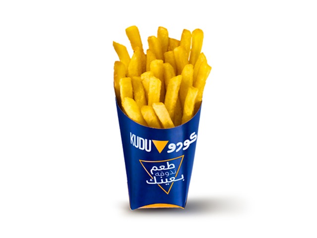 A cup of golden French fries with the Kudu logo and Arabic text.