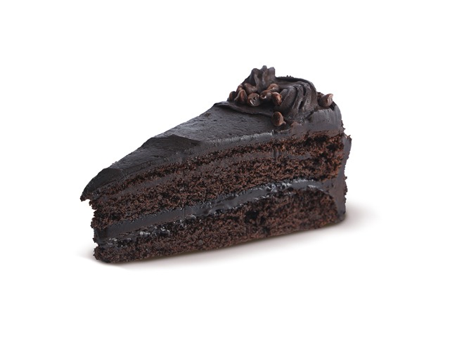 A slice of rich, dark chocolate cake with frosting and chocolate chips.