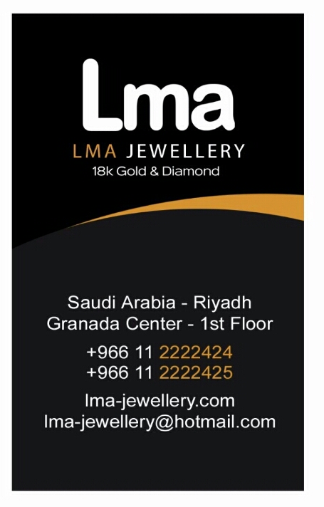 LMA Jewellery business card with contact information and location details.