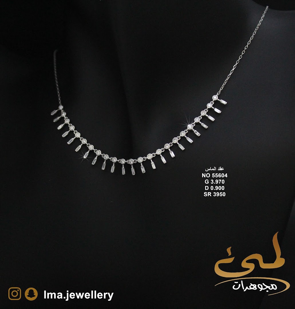 A sparkling diamond necklace displayed on a black mannequin with product details.