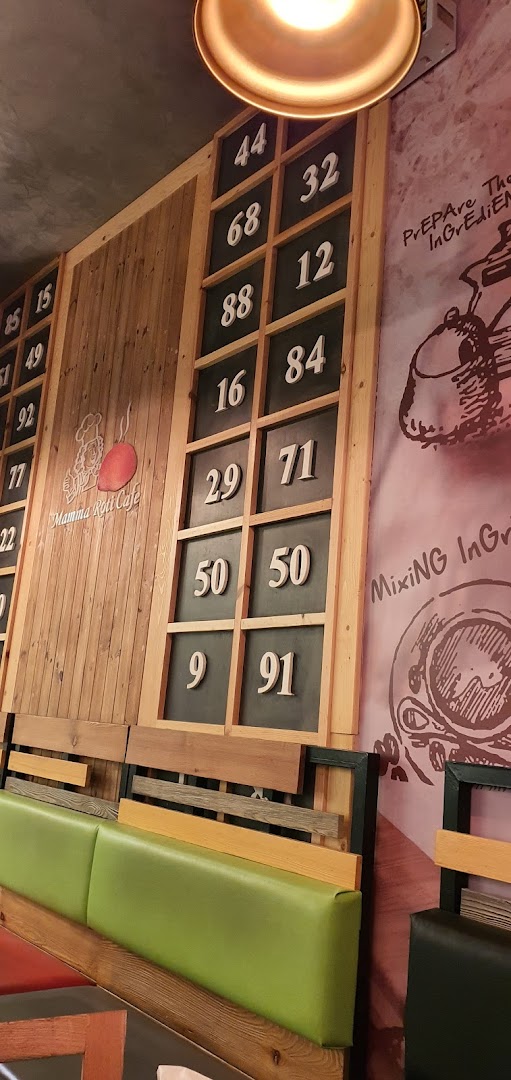 Interior shot of MammaBunz Cafe with wooden paneling, seating, and decorative numbers on the wall.