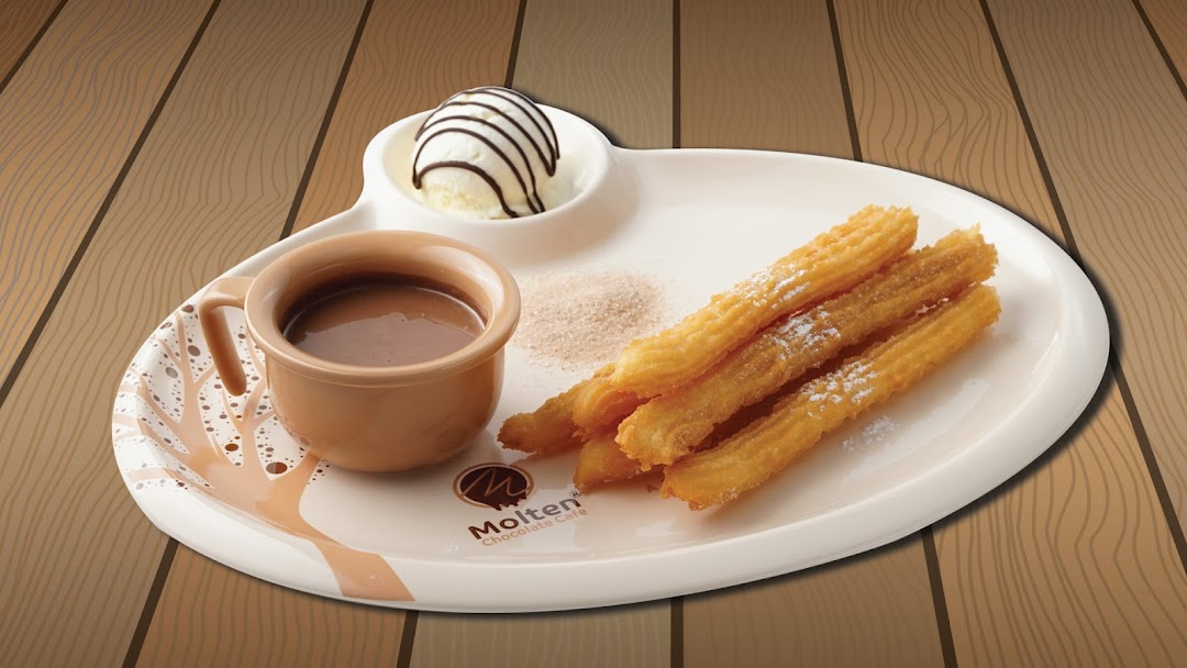 A plate of churros with chocolate dip, ice cream, and cinnamon sugar.