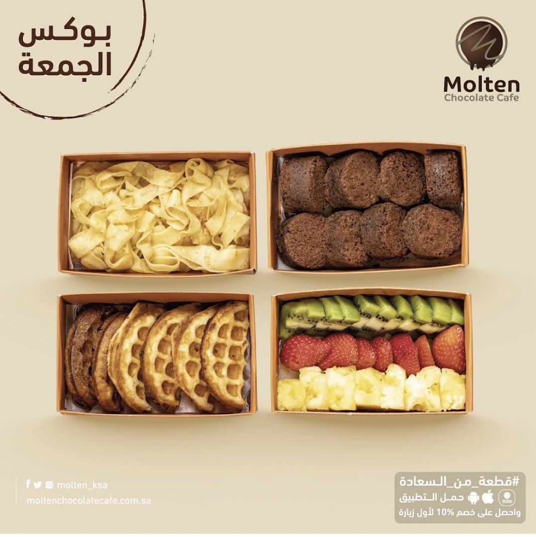 Four boxes of assorted desserts and fruits from Molten Chocolate Cafe.