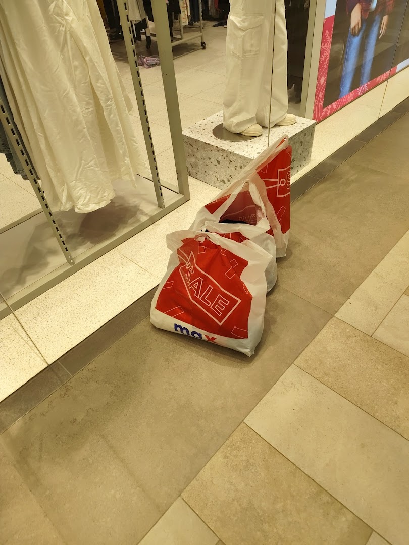 Shopping bags with 'SALE' and 'max' logos are placed on the floor inside a store.