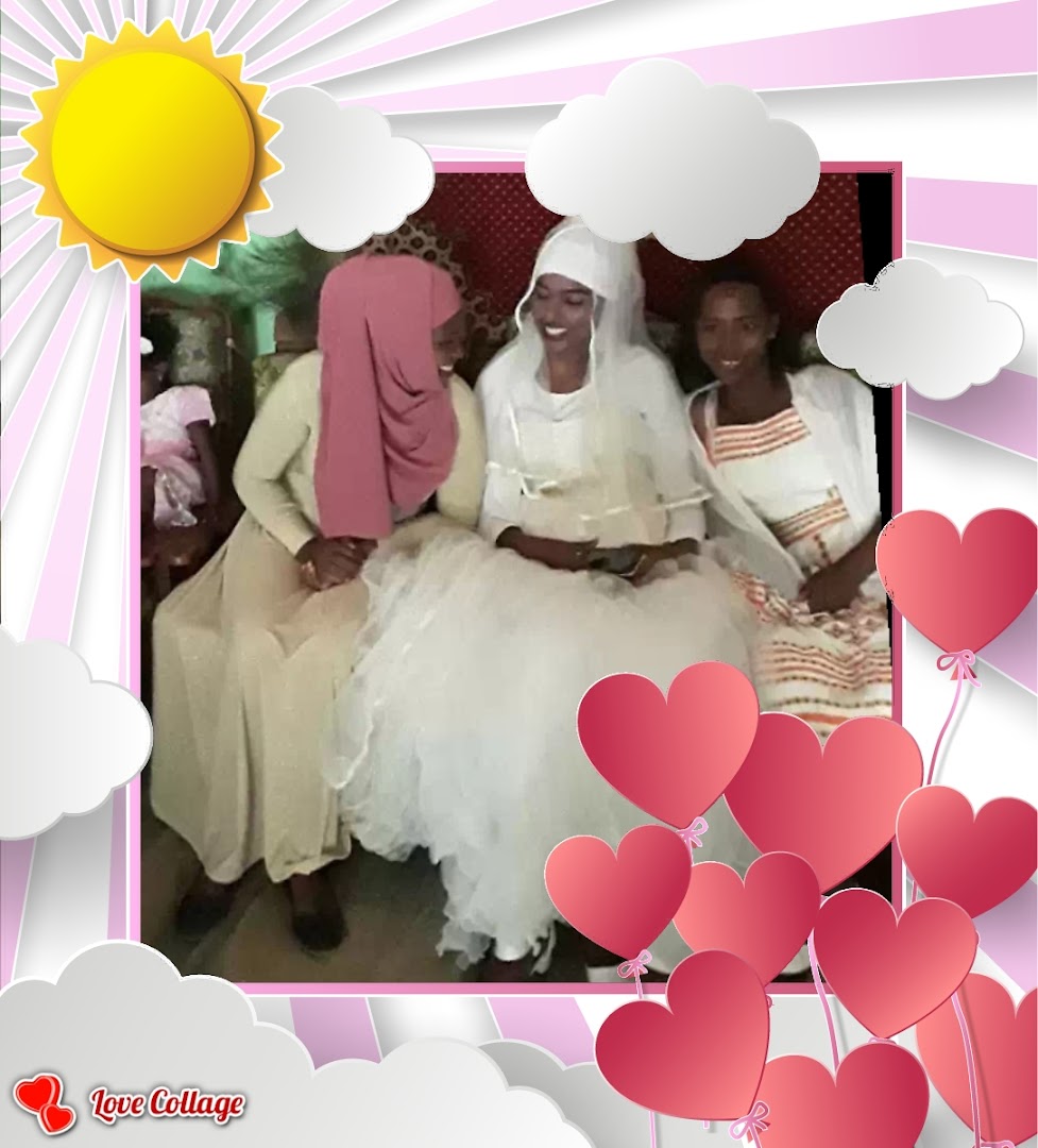 A bride and her attendants pose for a photo, surrounded by decorative hearts and clouds.