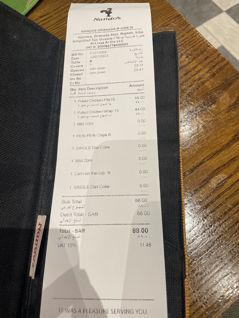 Menu page for Nandos - Granada Mall