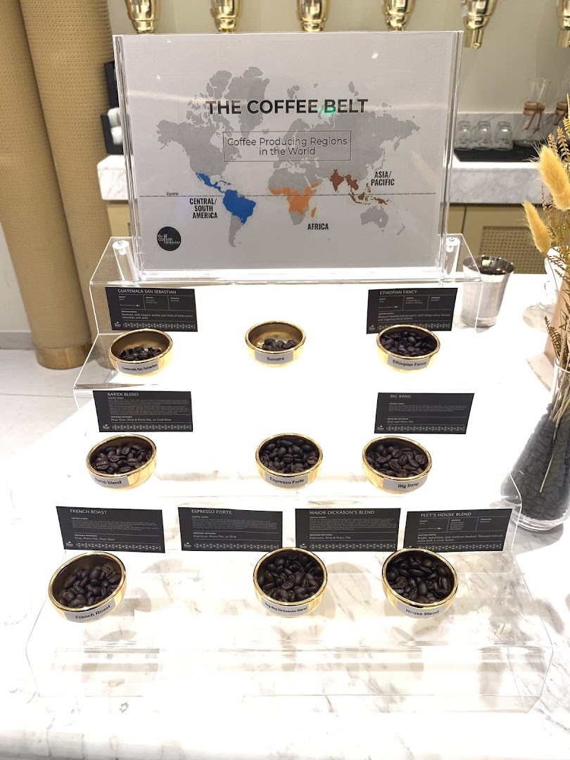 A display of coffee beans from various regions with a map of coffee-producing countries.