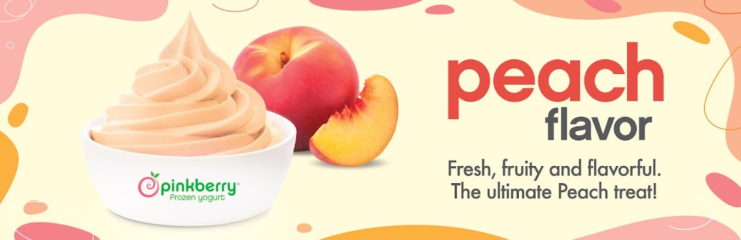 A bowl of peach flavored frozen yogurt with fresh peaches and text promoting the flavor.