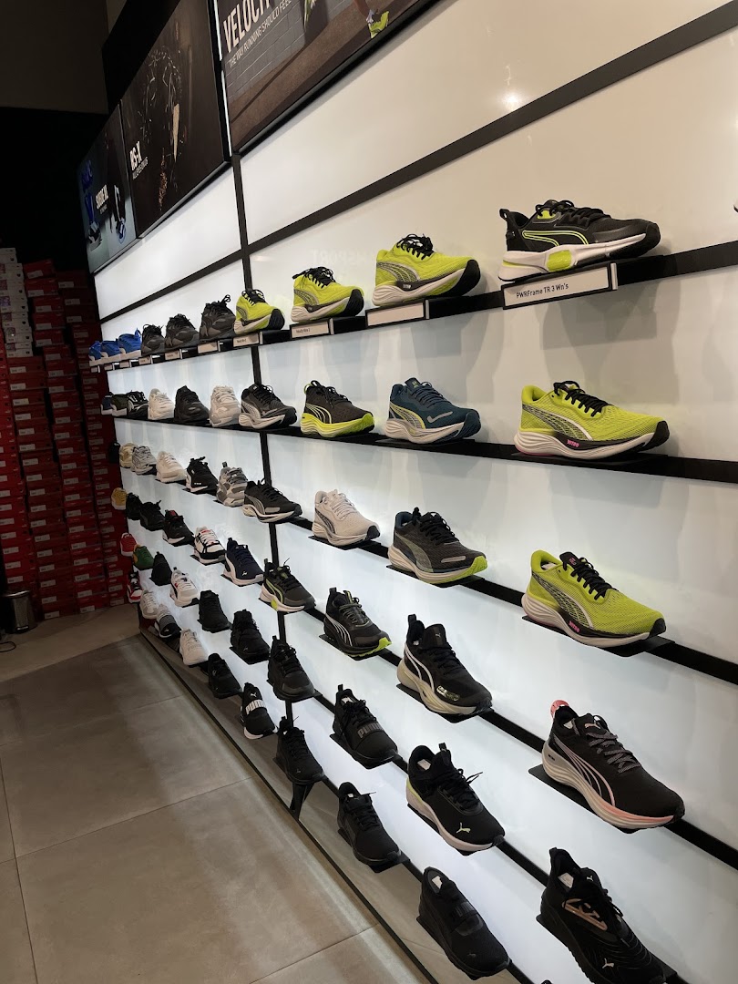 A wall display showcasing a variety of Puma athletic shoes in different colors and styles.