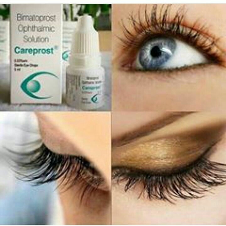 Collage of a Careprost eyelash growth solution bottle and images of beautiful, long eyelashes.