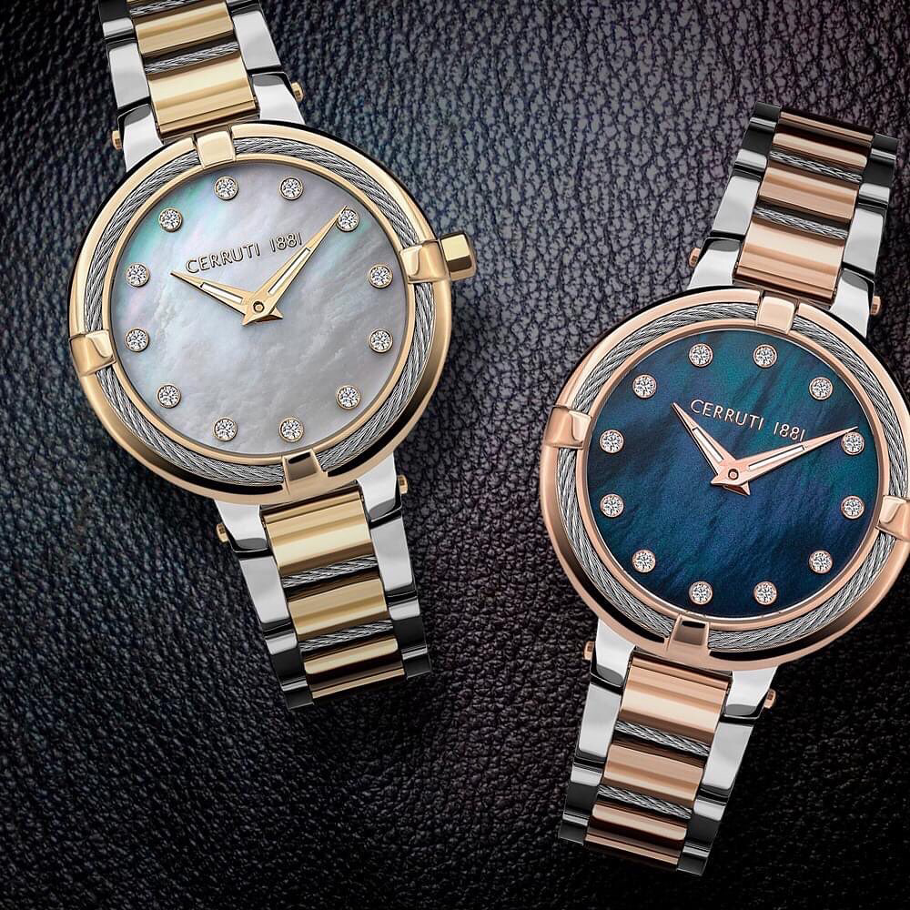 Two elegant Cerruti 1881 watches with mother-of-pearl and blue dials, adorned with diamonds.