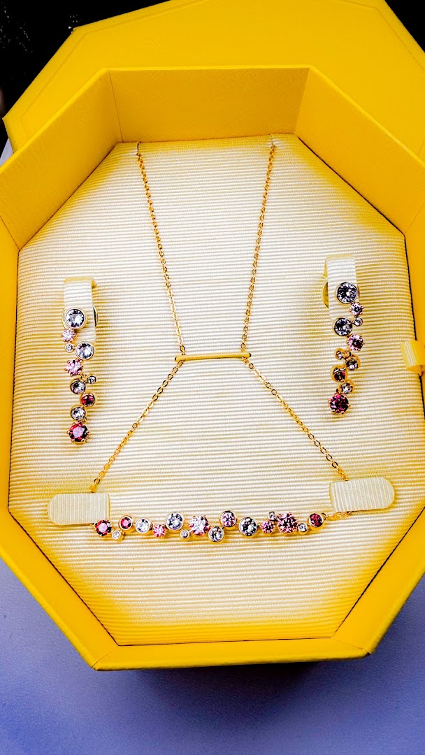 A sparkling Swarovski jewelry set featuring a necklace and earrings with colorful crystals.