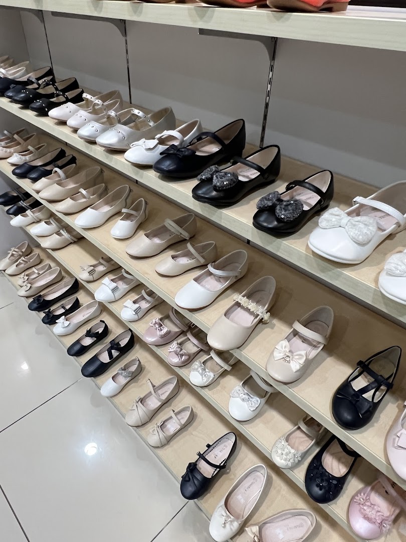 A wide selection of stylish flat shoes for women and girls displayed on shelves.