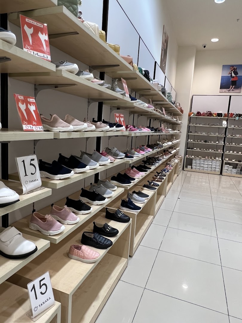 A wide selection of stylish shoes displayed on shelves in a retail store.