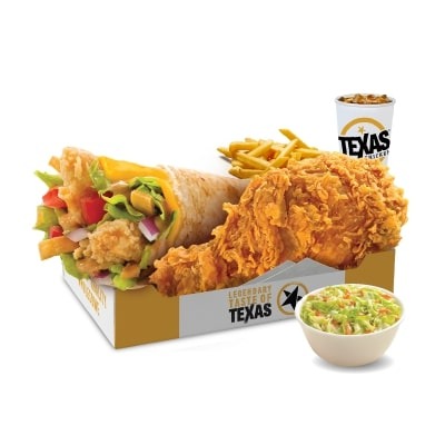 A meal from Texas Chicken featuring fried chicken, a wrap, fries, coleslaw, and a drink.