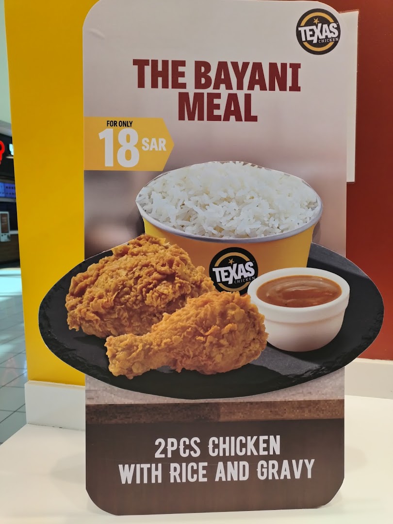 A promotional image for Texas Chicken's Bayani Meal featuring fried chicken, rice, and gravy.