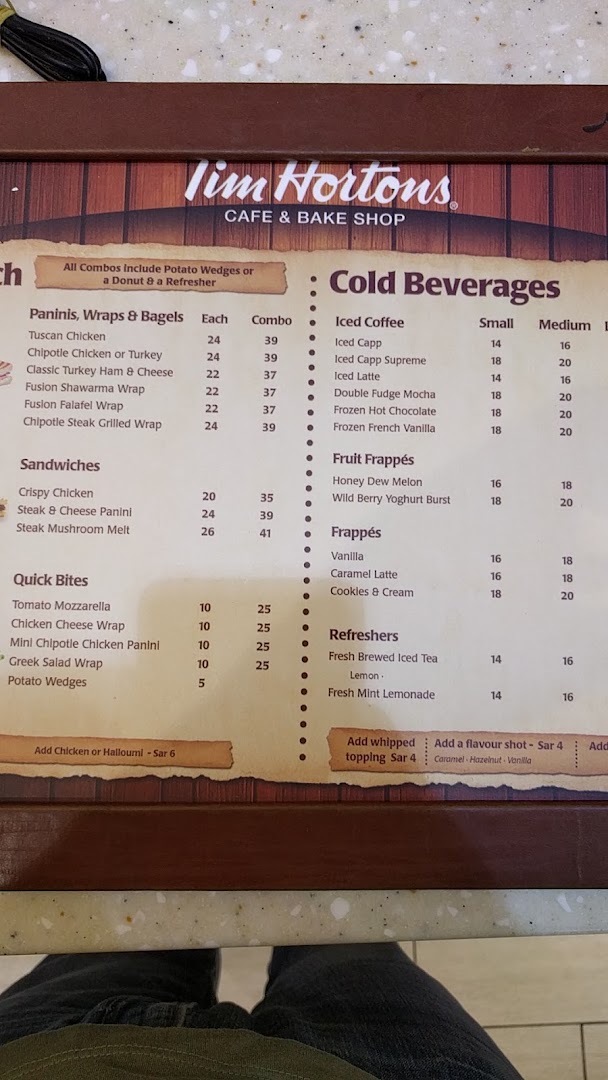Menu page for Tim Hortons