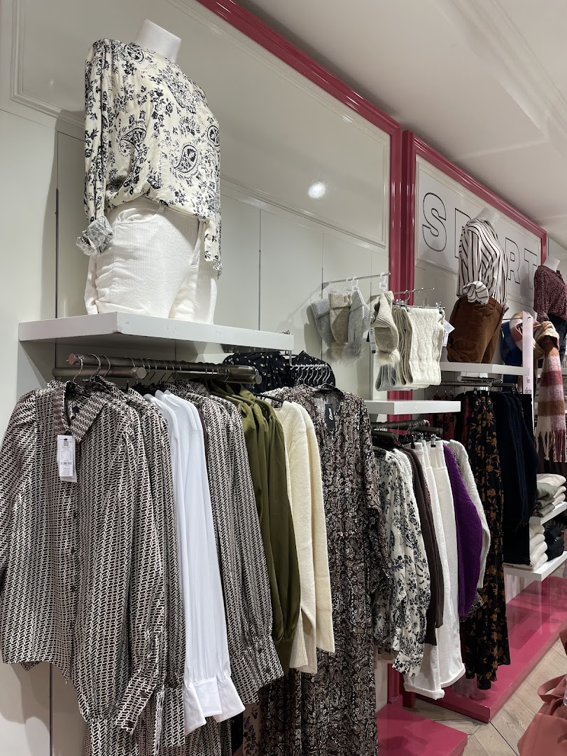 Mannequins and racks of stylish women's clothing, including blouses, sweaters, and dresses.