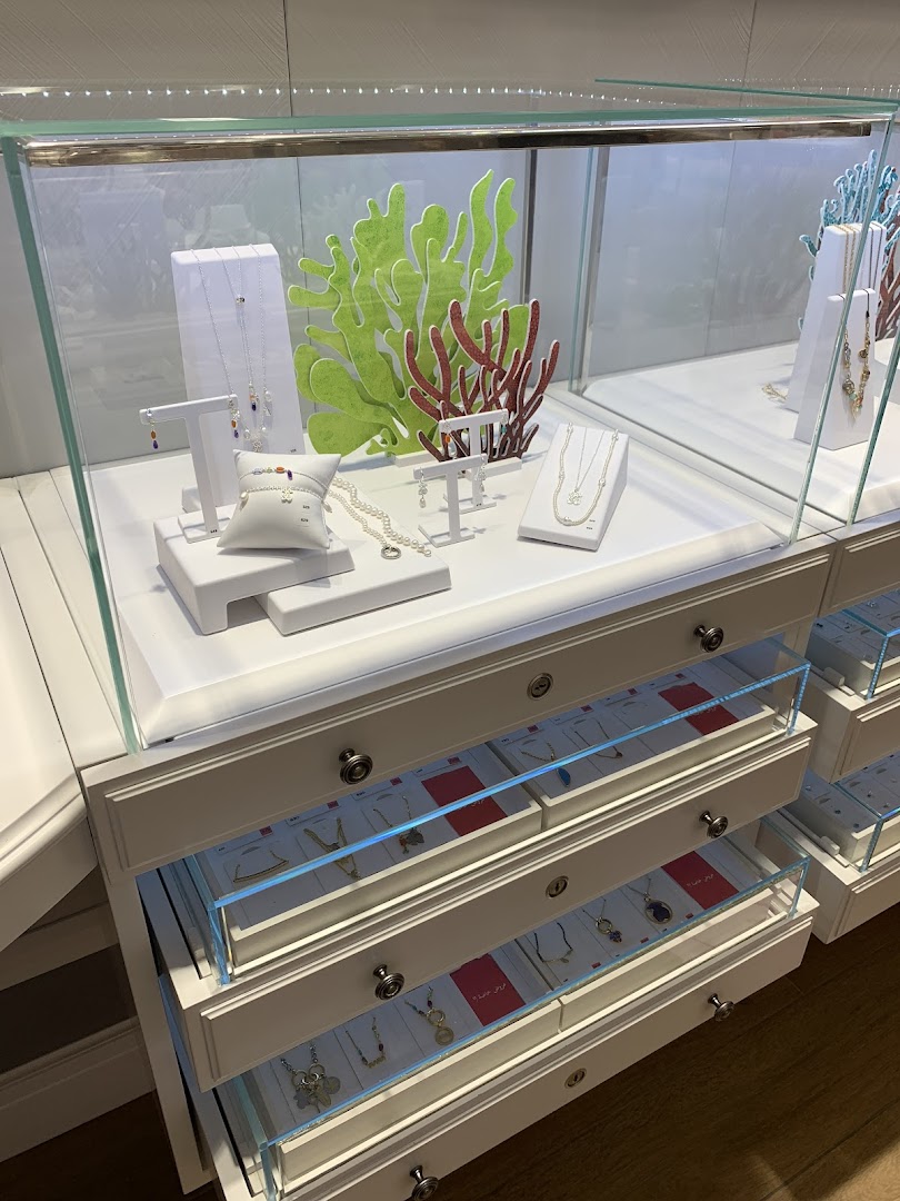 A jewelry display case featuring necklaces, bracelets, and earrings with coral-themed decor.