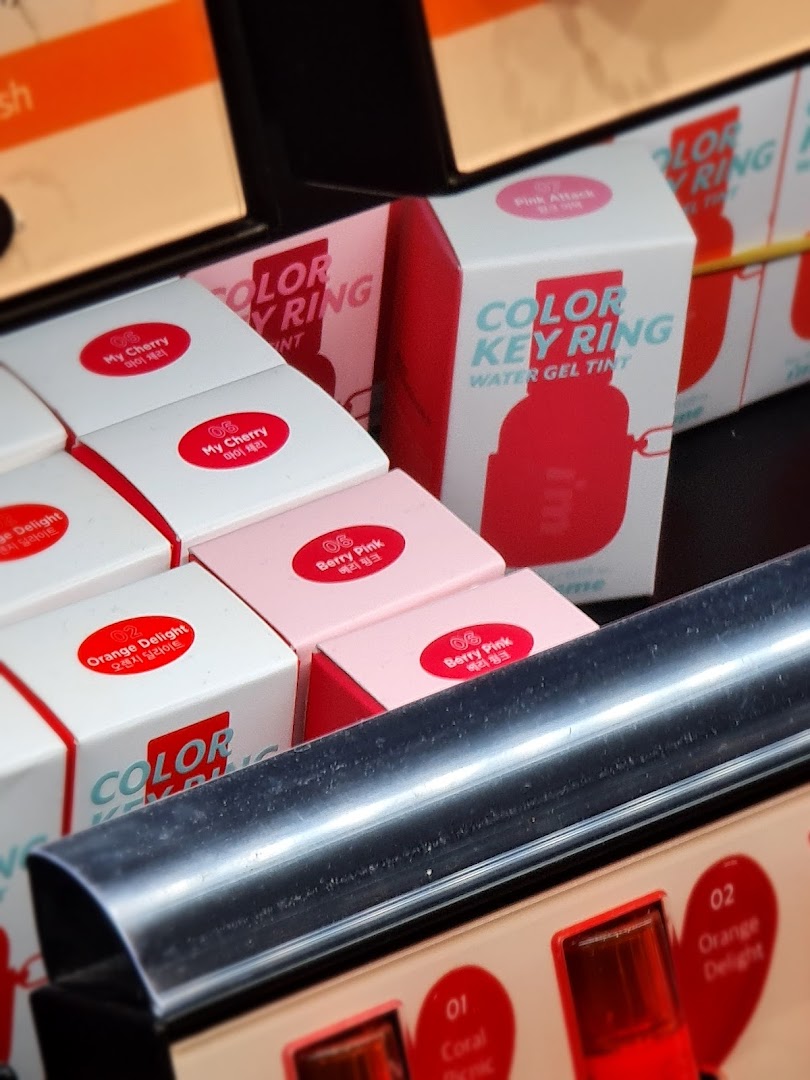 Close-up of Watsons shop display featuring various shades of 'Color Key Ring Water Gel Tint'.
