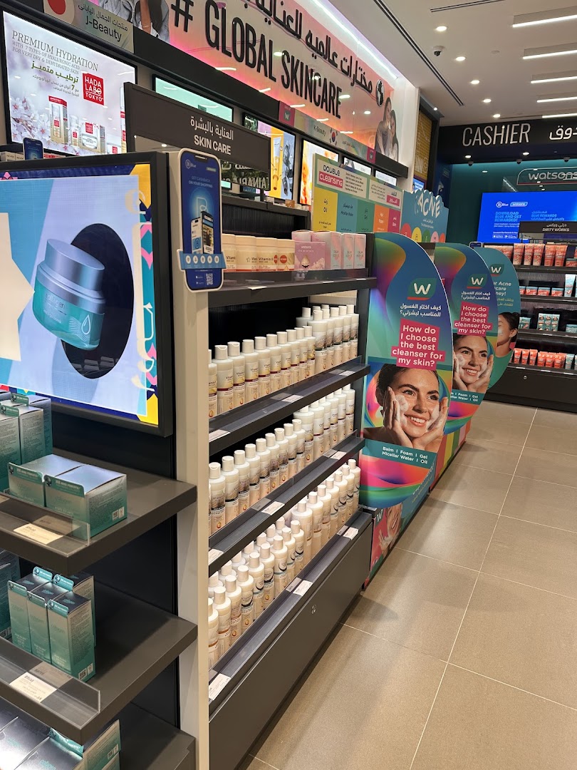 Interior view of a Watsons store showcasing skincare products and promotional displays.
