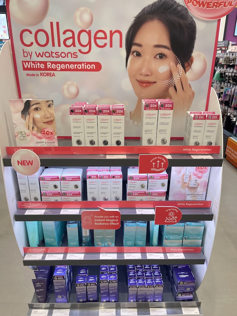Watsons display featuring collagen skincare products with Korean beauty.