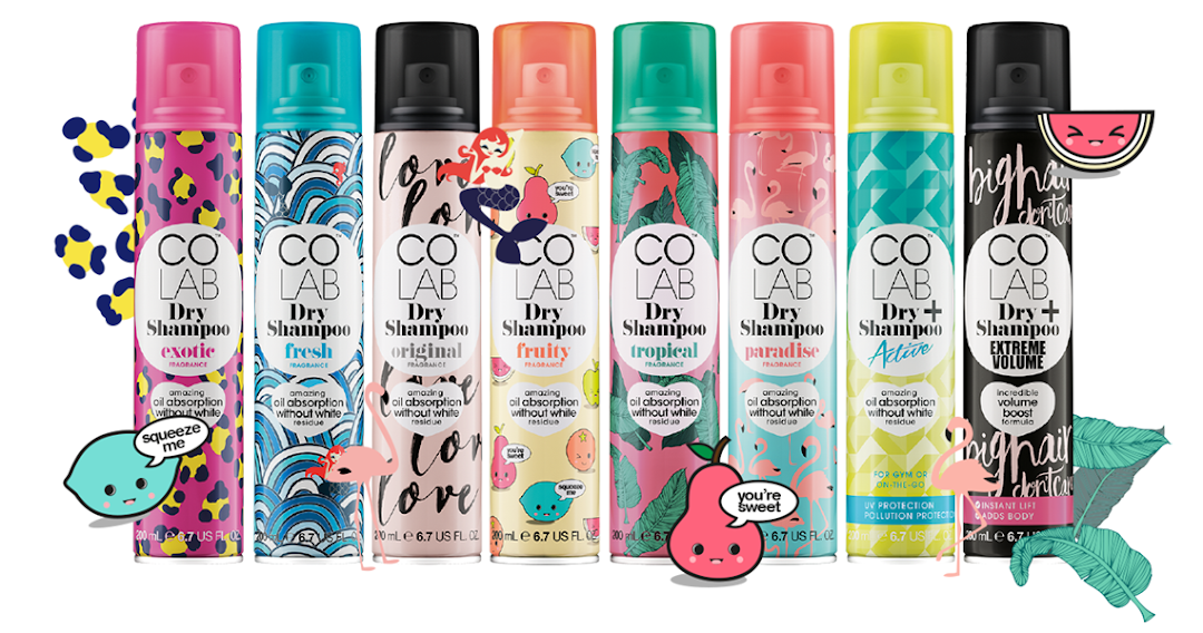 A collection of colorful dry shampoo cans with playful designs and cartoon fruit illustrations.