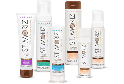 A collection of St. Moriz professional tanning products, including lotions, mousses, and mists.
