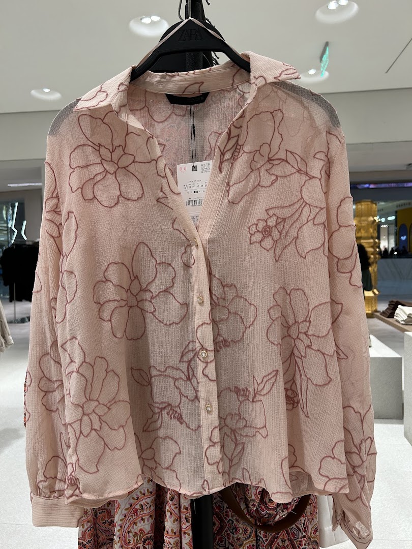 A light pink sheer blouse with a floral pattern is displayed on a hanger.